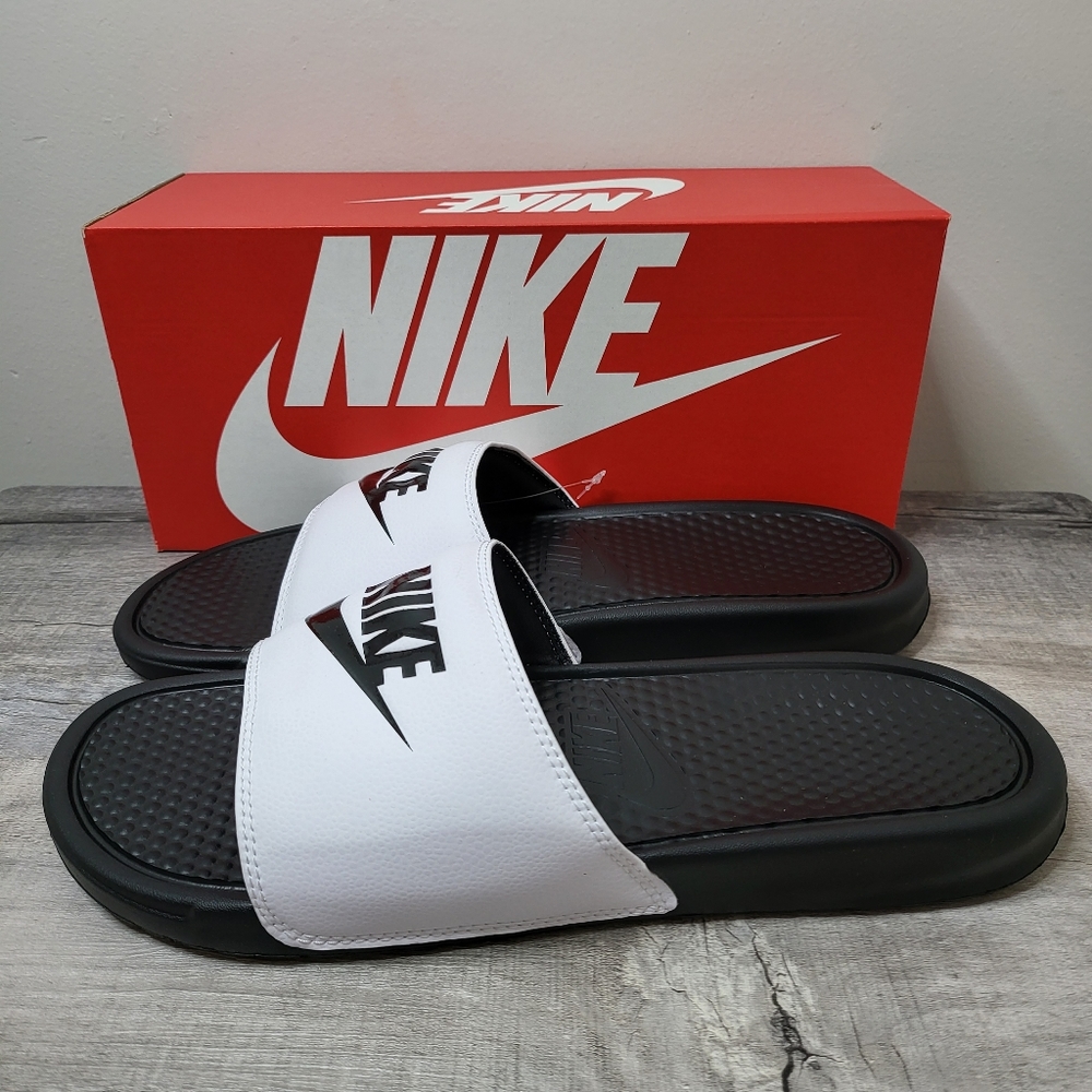New Men's Size 14 Nike Benassi JDI Slides White/Black